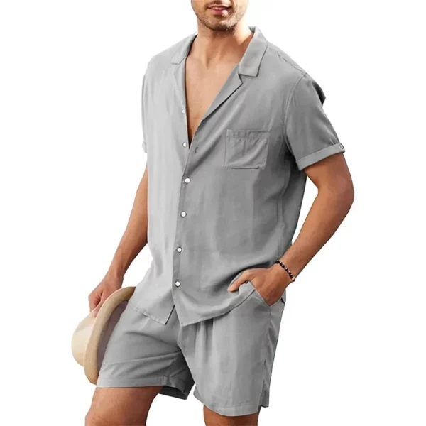 Men's Linen Short Sleeved Shirt Set Linen Casual Cardigan Shirt Shorts - Image 8