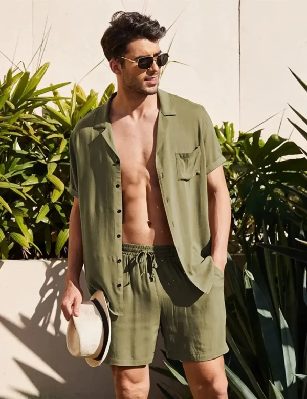 Men's Linen Short Sleeved Shirt Set Linen Casual Cardigan Shirt Shorts - Image 3