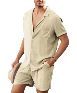 Men's Linen Short Sleeved Shirt Set Linen Casual Cardigan Shirt Shorts