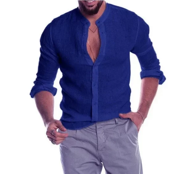Men's Shirt V-neck Stand Up Collar Long Sleeved Loose and Breathable Business Casual Cardigan Top - Image 8