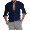 Men's Shirt V-neck Stand Up Collar Long Sleeved Loose and Breathable Business Casual Cardigan Top