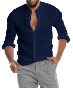 Men's Shirt V-neck Stand Up Collar Long Sleeved Loose and Breathable Business Casual Cardigan Top
